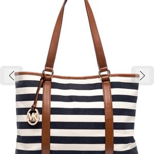 Michael Kors Striped Tote in Navy and Cream with Brown Accents
